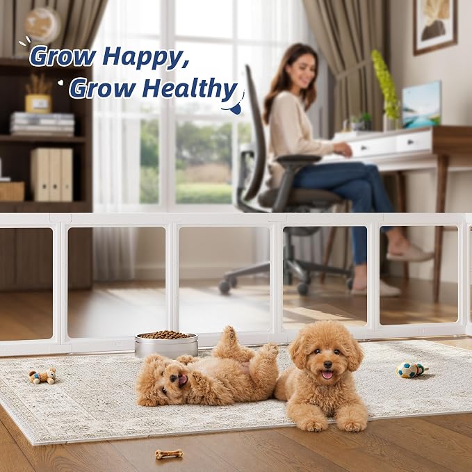Clear Acrylic Dog Playpen Indoor, Puppy Cat Small Pet Play Pen, Pet Cat Playpen for Rabbits, Dog Fence Crate Kennel Whelping Cage (White, Door + Panel)