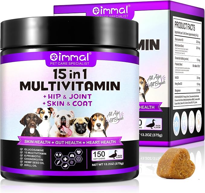 15 in 1 Dog Vitamins Supplements -150PCS-Multifunctional Supplements for Dogs-Glucosamine Chondroitin for Joint Support with Probiotics for Gut & Immune Health and Skin & Heart Health