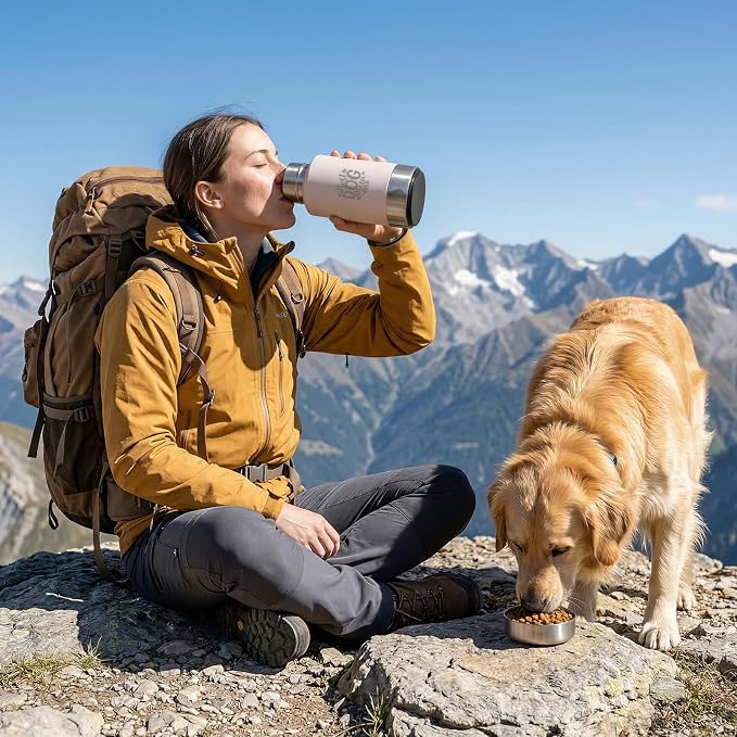 32oz Insulated Dog Water Bottle Dispenser, 3-in-1 Stainless Steel Travel Cup with 2 Detachable Food and Water Bowls, Leak Proof Large Pet Gear, Dog Mom Gift for Dog Lovers
