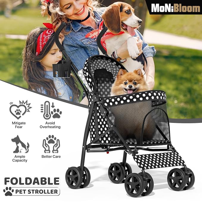 MoNiBloom 4-Wheel Foldable Pet Stroller - Black Polka Dots
