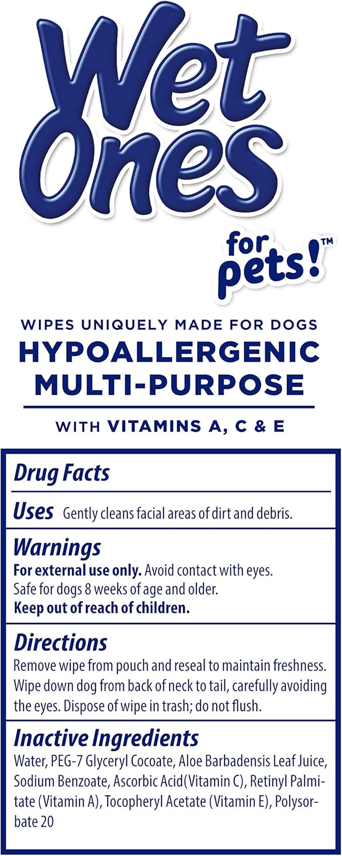 Wet Ones for Pets Hypoallergenic Multipurpose Grooming Wipes with Vitamins, 100 Count