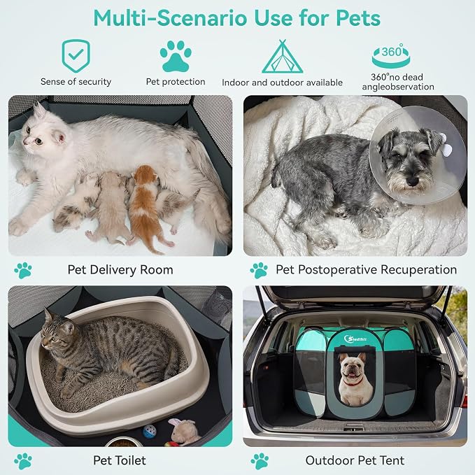 Siedihit Playpen for Middle Dog Cat, Dogs Tent Crate Cage Indoor/Outdoor, Portable Pop Up Dog Kennel with Carrying Bag for Rabbits, Removable Top (Green, Medium)