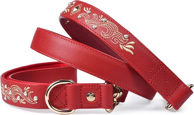 Blueberry Pet Premium Red Leather Dog Leash with Gold Baroque Embroidery
