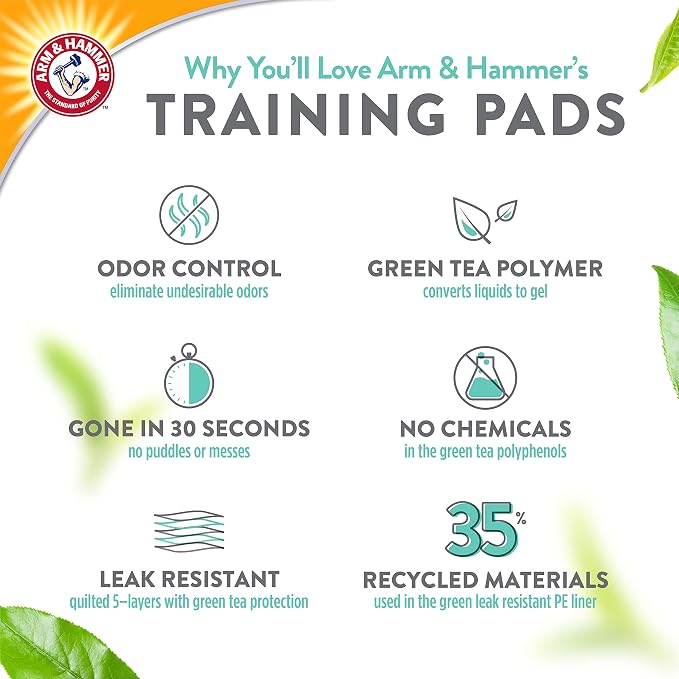 Arm & Hammer Green Tea Pet Training Pads, 200 Count, Super Absorbent with Green Tea and Baking Soda, 2X Odor Control, 5-Layer Leak-Proof Construction, 22.5 x 22.5 Inch