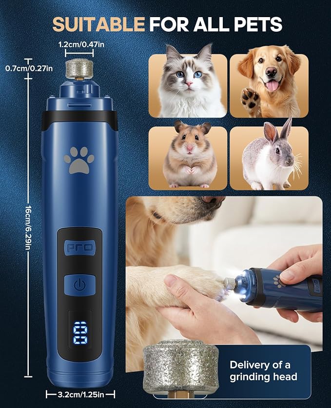 Low Noise Pet Nail Grinder with Light, 2-Speed, Blue