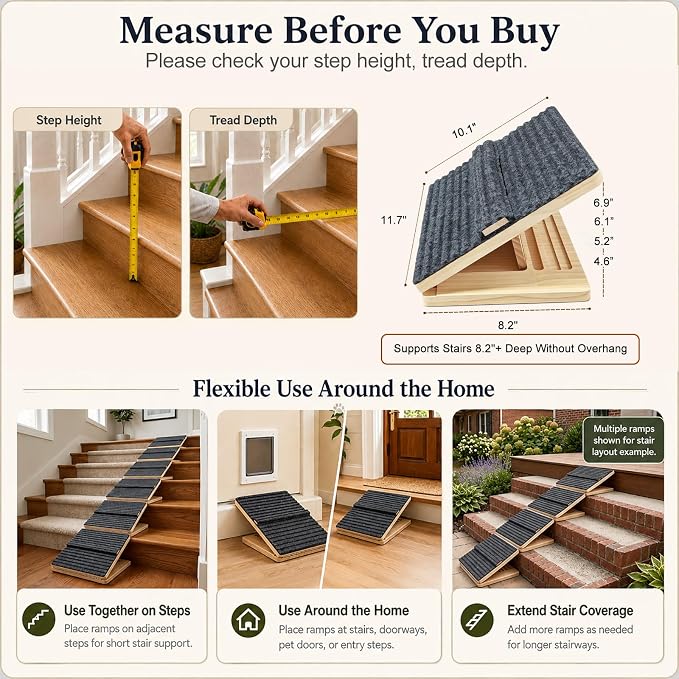 3 Pack Dog Ramp for Stairs – Solid Wood Adjustable & Foldable, 4 Heights, Non-Slip Silicone Base, Traction Felt, Raised Pause Strip, 35lb for Small & Senior Dogs
