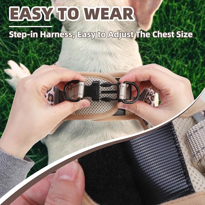 PUPTECK Dog Harness Small Sized Dog, Step in Adjustable Reflective Dog Vest Harness Escape Proof, No Pull Soft Padded Harness Easy Control, Brown Leopard, S