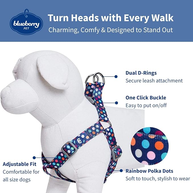 Blueberry Pet Essentials Step-in Rainbow Polka Dots Dog Harness, Chest Girth 16.5" - 21.5", Small, Adjustable Harnesses for Dogs