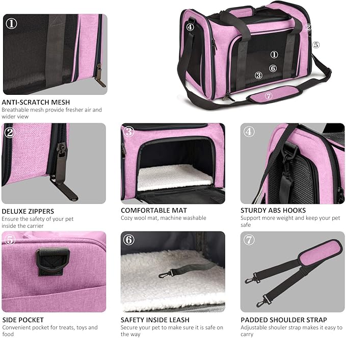 Henkelion Large Cat & Dog Carrier, Up to 25 lbs, Soft Sided Collapsible, Pink