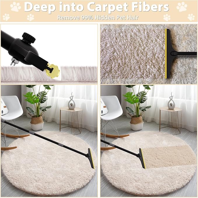 B-Land Carpet Rake for Pet Hair Removal, Reusable Pet Hair Remover with 60” Adjustable Long Handle, Carpet Scraper Dog Cat Hair Remover Tool for Rugs, Mats, Couch, Furniture-Black Pole