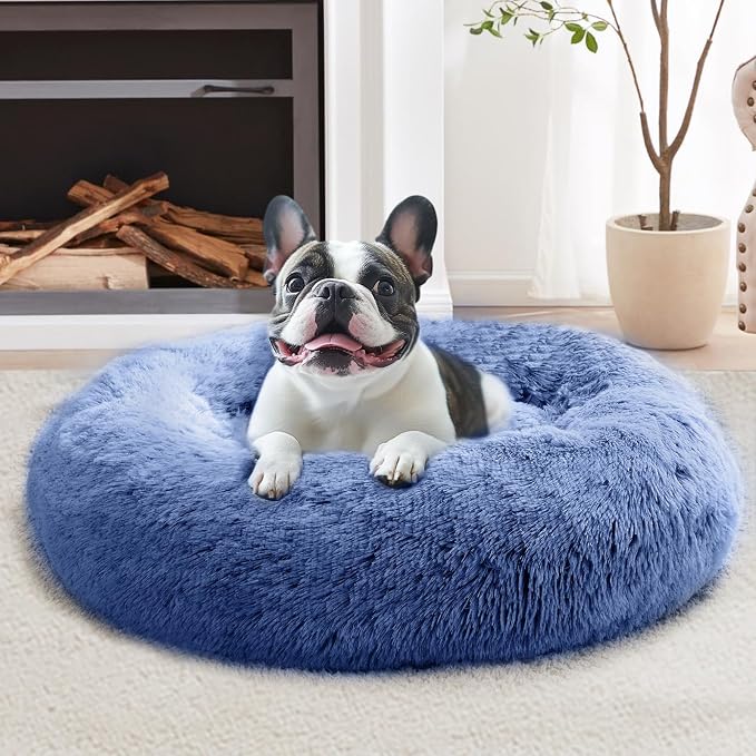 JOLLYVOGUE 36" Calming Donut Dog Bed, Navy Blue