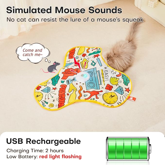 Potaroma Interactive Cat Feather Toys, Hide and Seek Moving Feather Wand | Rechargeable Touch Activated Indoor Kitten Exercise Kicker, Mouse Squeaky, Graffiti Cover