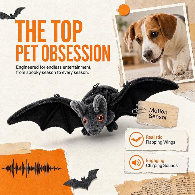 Interactive Flying Bat Dog Toy, Flapping Wings Cute Bat for Indoor Cats & Dogs, Automatic Flapping Wings with Chirping Sounds, Touch Activated, Rechargeable for Solo Play，Remote Control