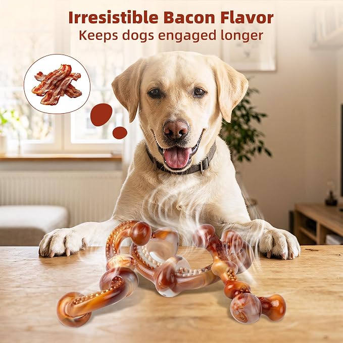 Dog Chew Toys for Aggressive Chewers, 3-Pack Tough Nylon | Dog Bones with Bacon Flavor for Medium & Large Dogs, Dental Cleaning, 3 Unique Shapes, Keeps Dogs Busy