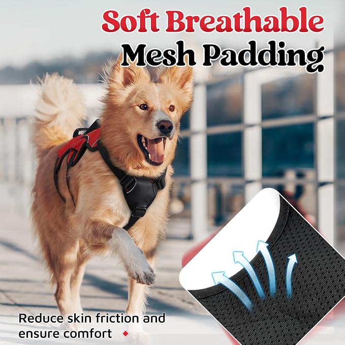 rabbitgoo Escape Proof Dog Harness for Large, No Pull with Lift Handle | No Escape, Full Soft Padded, Reflective Adjustable Vest, Leash Clip for Walking Hiking Training, Red, Large