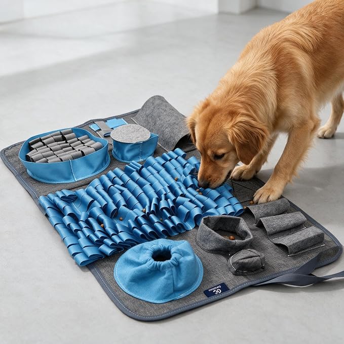 S Snuffle Mat Blue Dog Puzzle Enrichment Slow Feeder | Mental stimulation, slow feeder, nosework game, washable non-slip, enrichment puzzle toy for dogs cats
