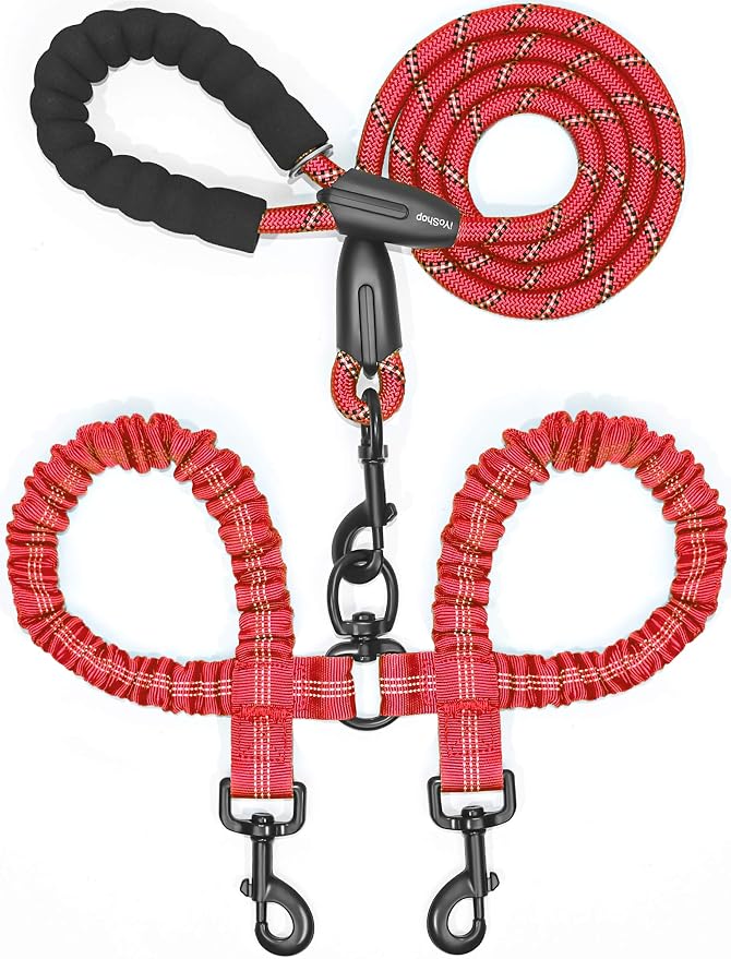 iYoShop Double Dog Leash, 360° Swivel, No Tangle, Large, 25-150 lbs, Red | Dual Leash for Two Dogs, Split Leash, Shock-Absorbing Bungee, Padded Handle, Heavy-Duty Rope