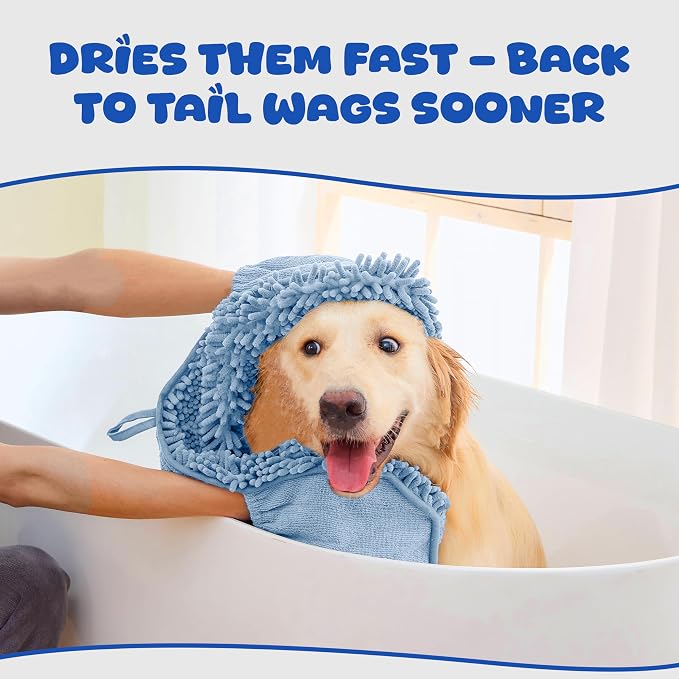 Microfiber Dog Towel for Fast Dog Drying, Super Absorbent Dog Towels for Drying Dogs Large & Small, Quick Dry Pet Towel with Hand Pockets, Soft Durable Puppy Towel-Blue