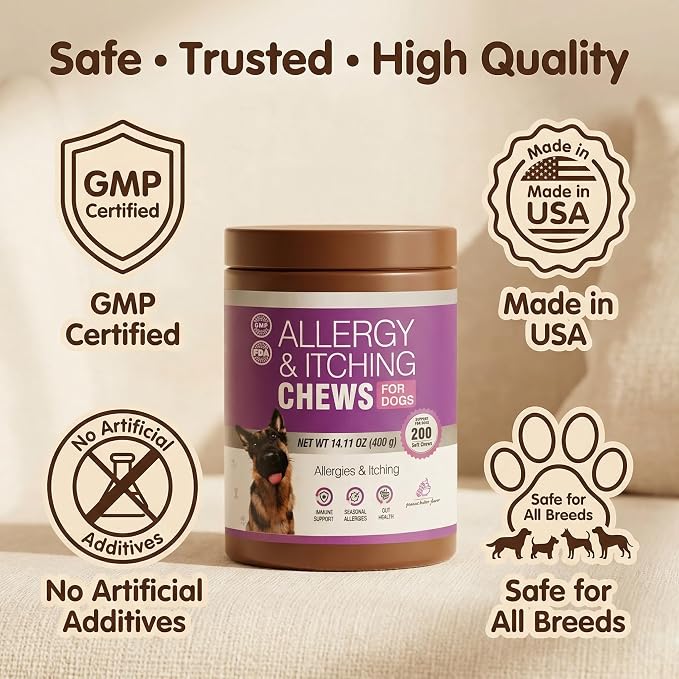 Dog Allergy Chews for Dogs, Itch Relief Support for Itchy Skin, Paw Licking & Itchy Ears, Skin & Coat Health with Colostrum & Probiotics, Chicken Flavor Soft Chews, 200 Count
