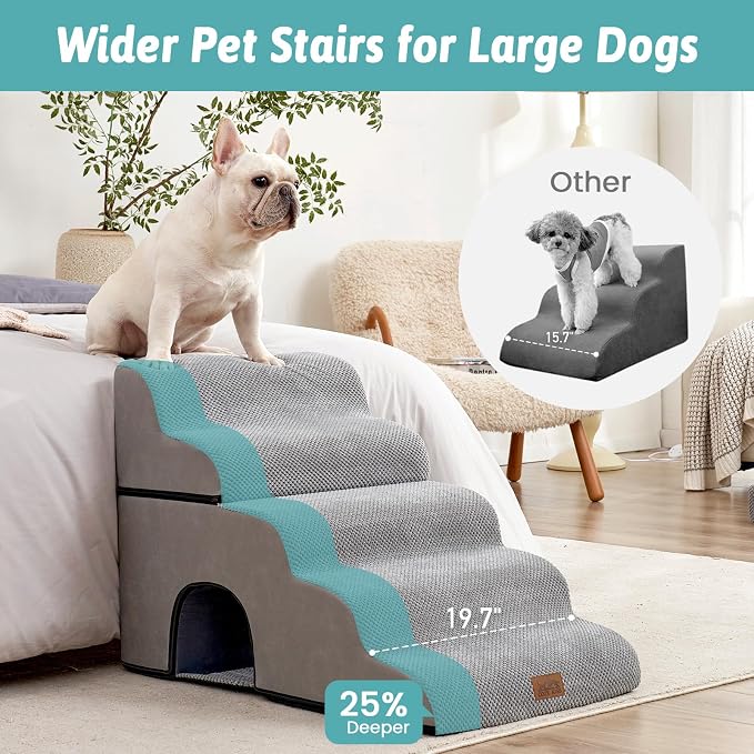 COZY KISS Small Dog Stairs with Tunnel, 5 Step Pet Ramp for High Bed | Curved Stable Dog Step for Puppy, Older Cat, Senior, Medium, Short-Legged Dog, Non-Slip Ladder for Car, 22.4" H, Grey