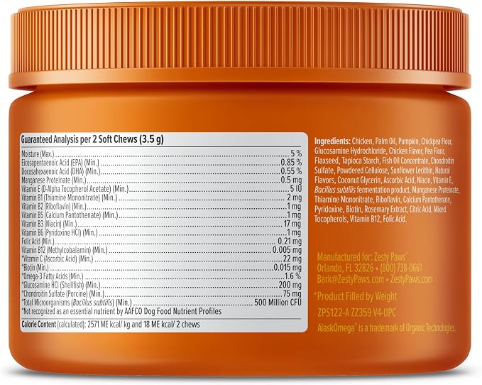 Zesty Paws Dog Multivitamin, Chewable Dog Vitamins and Supplements for Hip & Joints, Skin & Coat, Omega 3 Fish Oil for Dogs- Senior & Puppy Multivitamin - Chicken Mini Bites- 90ct (Pack of 2)
