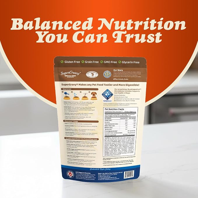 CLEAR CONSCIENCE PET® Bon A'la Goat SuperGravy® Dog Food Topper Hydration Broth Mix Greek Yogurt Cheese Blend Kibble Seasoning Probiotics Prebiotics Enzymes Taurine 4.5 oz. 30 Scoops, All Life Stage