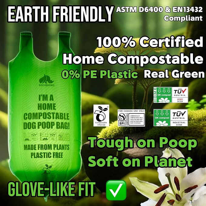 Ultra Thick & Deep RockRhino Dog Poop Bags for Large & XL Breeds | 4-Layer Interlocked Bottom | 100% Home Compostable, 0% Plastic | Vanilla-Scented | 60 Bags, Easy Open Tie Handles, Not for Scooper