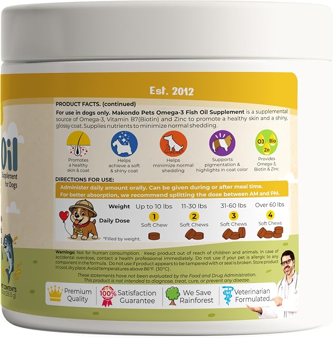 Omega 3 for Dogs Fish Oil Salmon Treats. Dog Skin & Coat Support 120 Chews