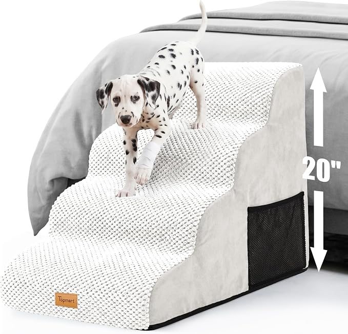 Topmart High Density Foam Dog Steps 4 Tiers,Extra Wide Deep Pet Steps,Non-Slip Dog Stairs Ramp for Bed,Soft Foam Cat Ladder,Best for Older Injured,Older Pets,Cats with Joint Pain
