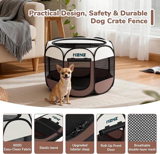 Dog Cat Playpen, Portable Small Animal Playpen Crate Indoor for Dogs Cats Rabbits, Foldable Guinea Pigs Bunny Cage Enclosure for Outdoor, Pop Up Dogs Cats Tent Kennel with Carrying Case, Brown