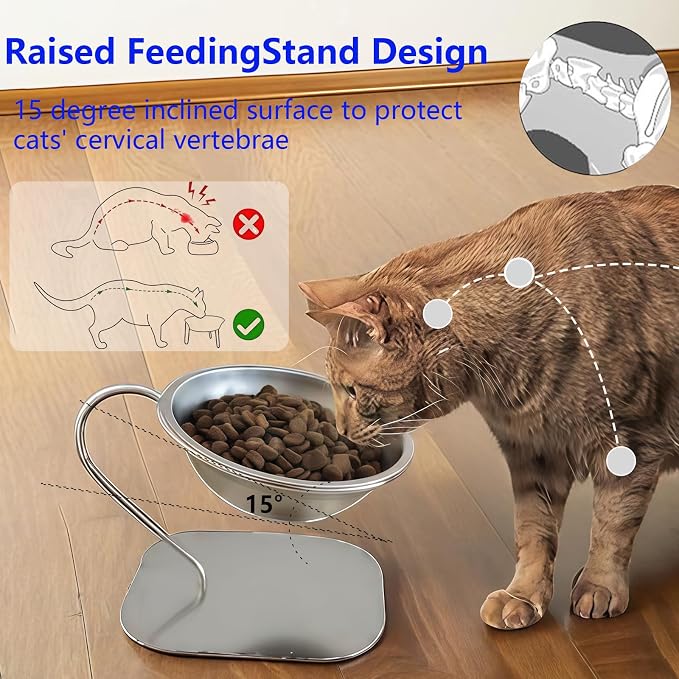 Elevated Cat Bowls,15 Degree Inclined Stainless Steel Cat Bowls,Detachable Metal Bracket,Protect The Cervical Spine,Prevent Vomiting,Ergonomic Design for Healthy Eating & Digestion,2PC (2PC)