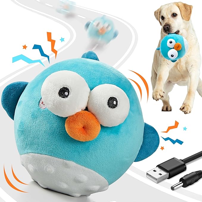 GUKCO Interactive Dog Toys, Moving Ball Toy with Jumping & Music (Puffer) | Rechargeable Plush Toy with Crinkle Paper for Small, Medium & Large Dogs to Keep Them Busy