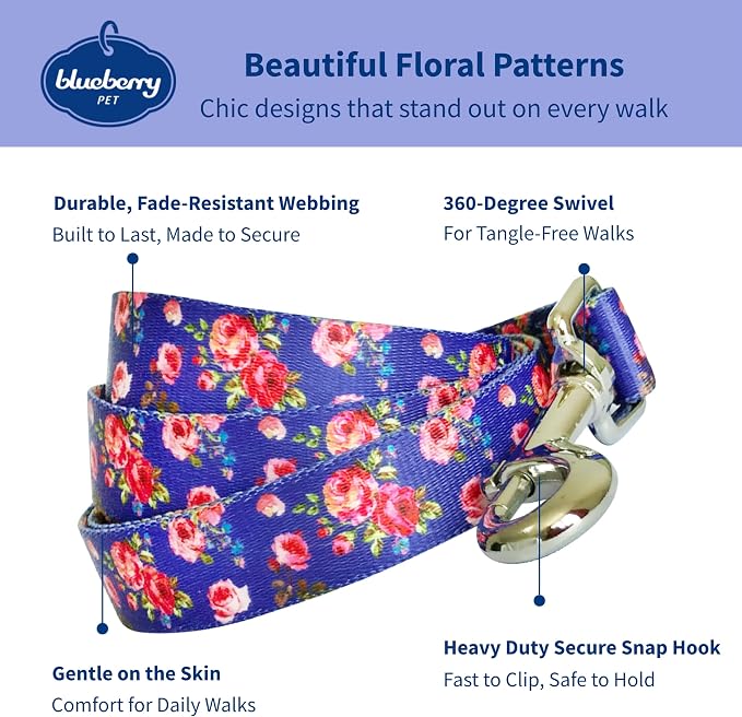 Blueberry Pet 9 Patterns Durable Spring Scent Inspired Rose Print Irish Blue Dog Leash 5 ft x 5/8", Small, Leashes for Dogs