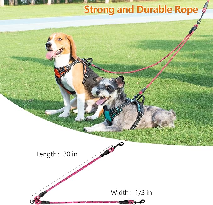 Taglory Double Dog Leash Coupler for Two Dogs, 1/3" Lightweight Dual Leash Extension for Small and Medium Dogs, No Tangle 360° Swivel, Reflective Rope, 30 Inch, Pink