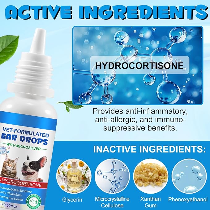 Cat & Dog Ear Infection Treatment Drops with 1% Hydrocortisone, 2.02 fl oz