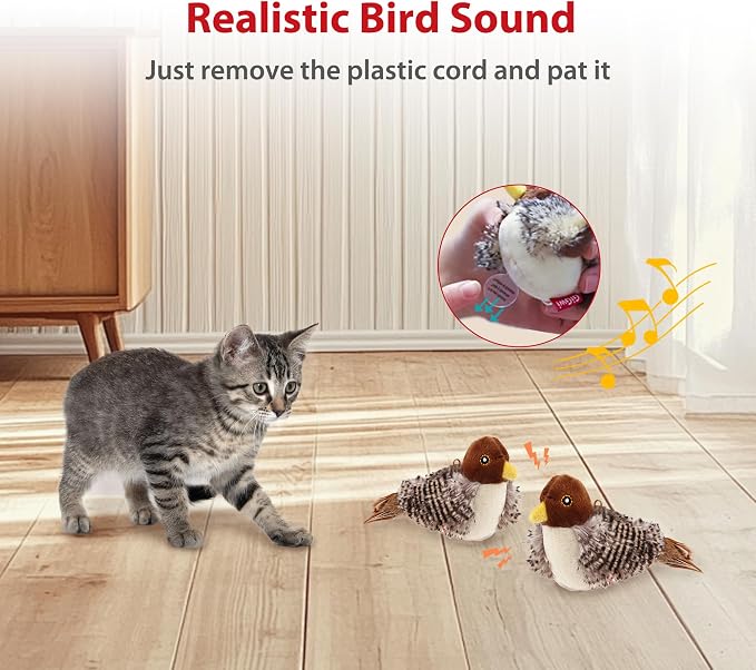 Gigwi Chirping Bird Cat Toys 2 Pack, Automatic Squeaky Toy for Cats | Interactive Cat Toys, Stimulate Hunting Instinct, Relieve Puppy Boredom, Touch Activated, Soft Plush, Safe Indoor Play