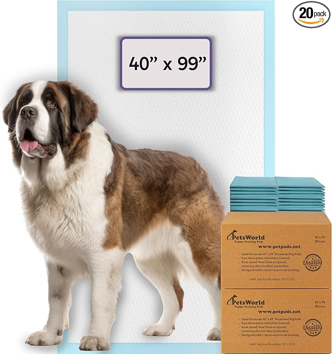 PETSWORLD Mega-Sized Dog Pee Pads (40" x 99") – 4XL Gigantic Pet Piddle Pads for Puppy Training, Incontinence – with Adhesive Sticky Tape – Leak Proof, 5-Layer Protection (40 Count)