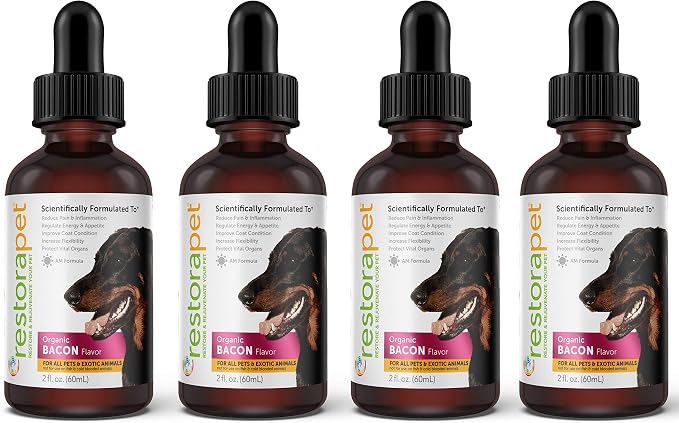 RestoraPet 4-Pack Dog & Cat Bacon Flavor Liquid Multivitamin | Arthritis Pain Relief | Hip & Joint Supplement for Dogs & Cats - Anti Inflammatory | Natural & Non-GMO, Science Backed