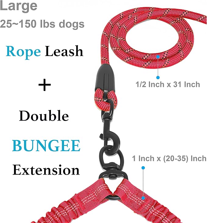iYoShop Double Dog Leash, 360° Swivel, No Tangle, Large, 25-150 lbs, Red | Dual Leash for Two Dogs, Split Leash, Shock-Absorbing Bungee, Padded Handle, Heavy-Duty Rope