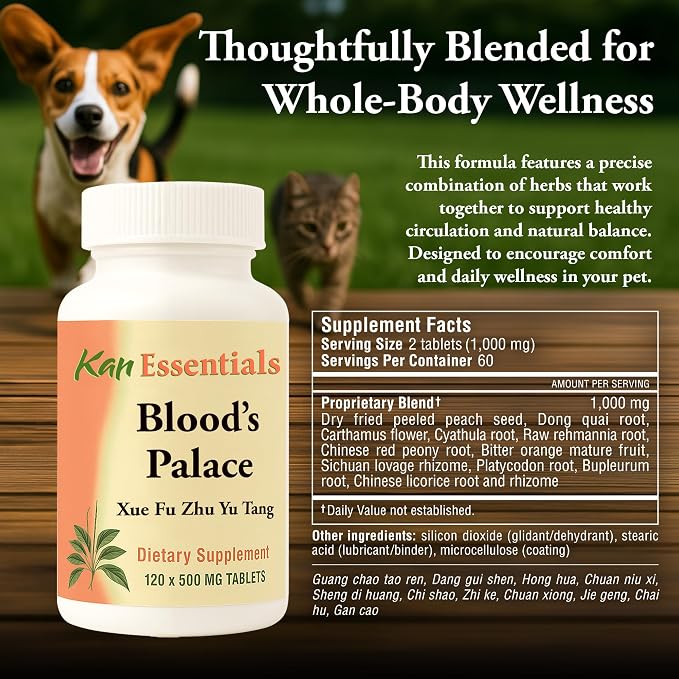 Kan Herb Company Blood’s Palace – Traditional Chinese Herbal Blend to Support Circulation, Liver Qi, Emotional Balance, and Overall Wellness, Herbal Supplement Tablets for Pets, 120 Tablets
