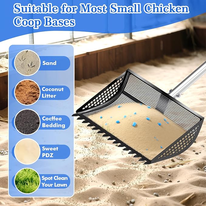 Chicken Poop Scooper Rake 2-in-1,304 Stainless Steel Shovel Head, Chicken Litter Scoop with Handle for Chicken Coop for Sand, Pet Waste Cleaning, Litter Sifting Shovel (35 to 65") (Black, 12inch)