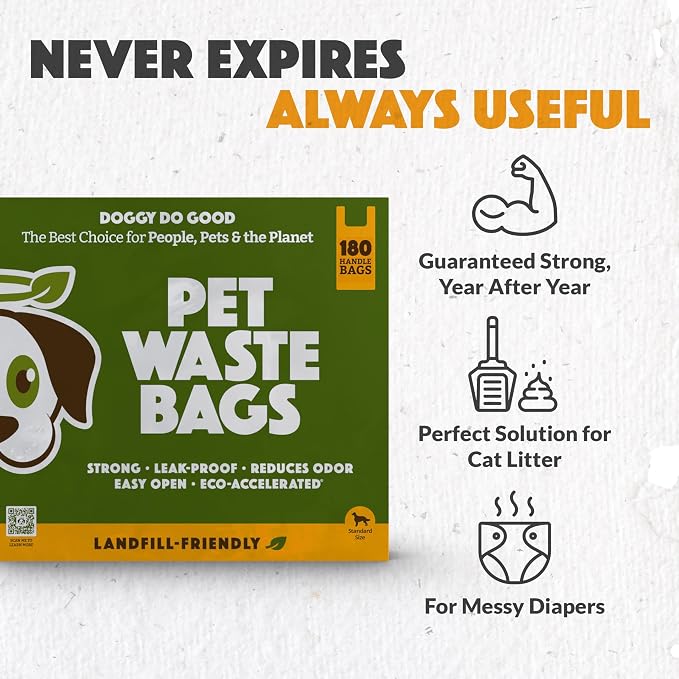 Doggy Do Good - 180 Count, Heavy Duty Poop Bags for Dogs with Handles - Standard Size - Dog Waste Bags Made with 50% Recycled Plastic + 15% Biobased Material - Landfill-Friendly, Unscented, Leak-Proof