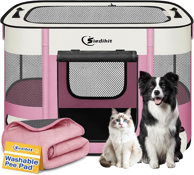 Dog & Cat Playpen with Carrying Case, Medium, Pink with Pad