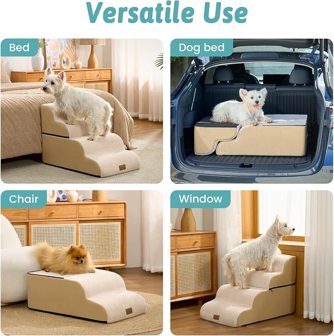 COZY KISS Detachable Dog Stairs for Small Dog 19.7" H, Pet Step for Bed | Curved Stable Pet Ramp for Puppy, Older Cat, Senior, Medium, Short-Legged Dog, 4 Step Non-Slip Ladder, Beige