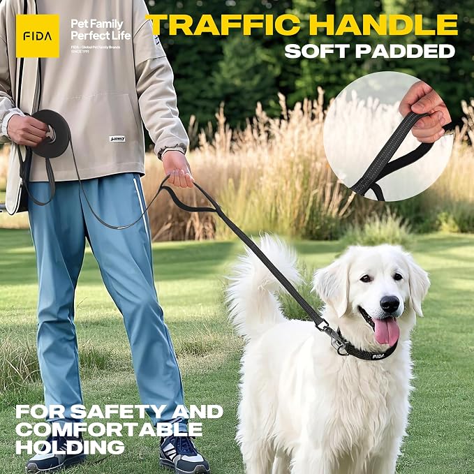 Fida Obedience Recall Training Agility Lead, 30FT Long Dog Leash, Black | 33FT & 50FT, Traffic Handle, Soft Padded, Reflective for Night Safety, Durable Nylon Dog leash for Small Medium Large Breeds