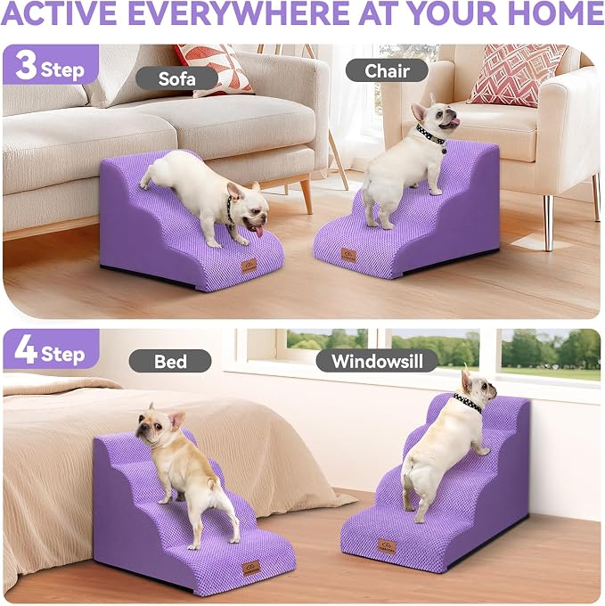 Zerbuger Dog Ramp and Stair for Bed 16" H-20 H,3-Step Cat Stair for Sofa and Chair,4-Step Dog Ramp for High Bed and Window,Durable Nonslip Fabric Cover for Indoor (Purple-20 H, Pet Friendly, 4)
