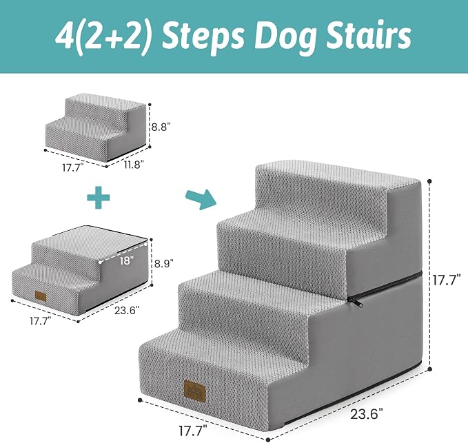 COZY KISS Dog Stairs for Small Dogs, 4 Tier Removable Wider Pet Stairs for Couch and Bed, 17.7" H Dog Steps for Old Cats, Puppy, Small Dogs, 17.7x23.6x17.7 inch, Gray