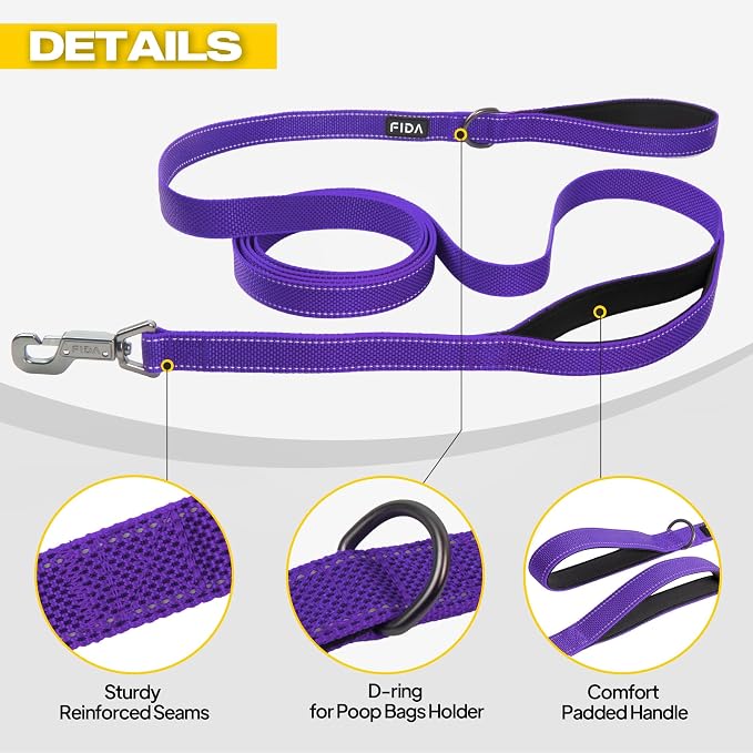 Fida 10ft Heavy Duty Dog Leash with 2 Comfortable Padded Handles, Traffic Handle & Advanced Easy Snap Hook, Reflective Walking Lead for Large, Medium & Small Breed Dogs, Purple