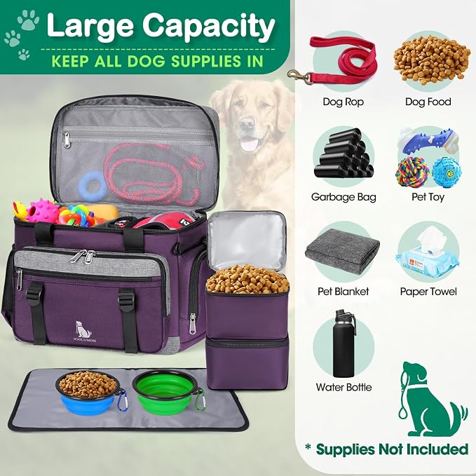 IGOLUMON Dog Travel Bag Set with 2 Food Containers, 2 Bowls, 1 Feeding Mat, Purple