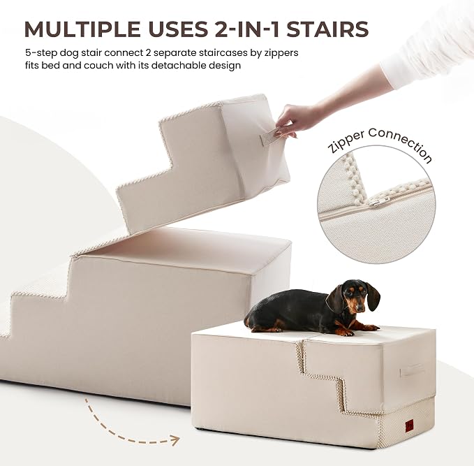 Dog Stairs for Small Dogs 22.5" H, 5-Step Dog Steps for High Bed and Couch, Pet Steps Ramp for Puppy and Cats, Non-Slip Stable Indoor Pet Ladder for Sofa and Chair, Beige